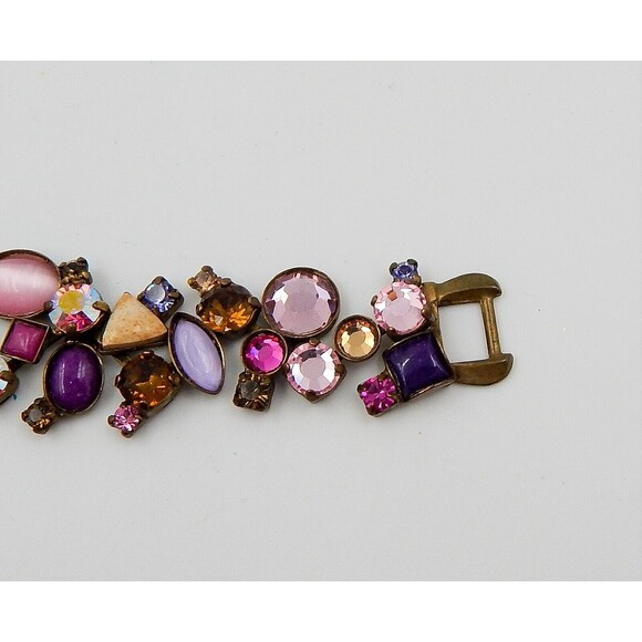 Sorrelli Multi Crystal Pink Shades Colored Stones Bracelet Antiqued Brass Tone - Picture 2 of 11